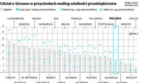 Udział e-biznesu w przychodach według wielkości przedsiębiorstw